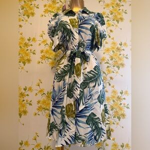 Leaf print button up midi dress size S